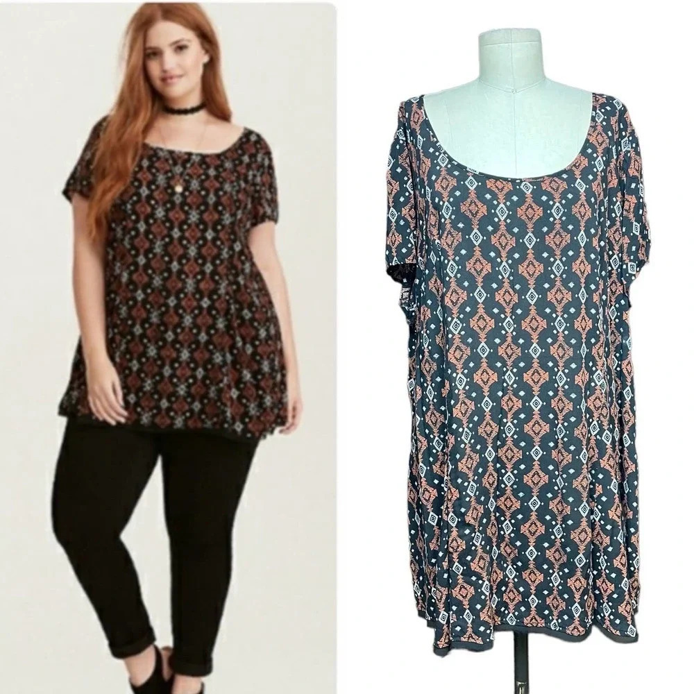 Torrid Geo Print Challis Tunic Top Black Orange Plus Size 3X
